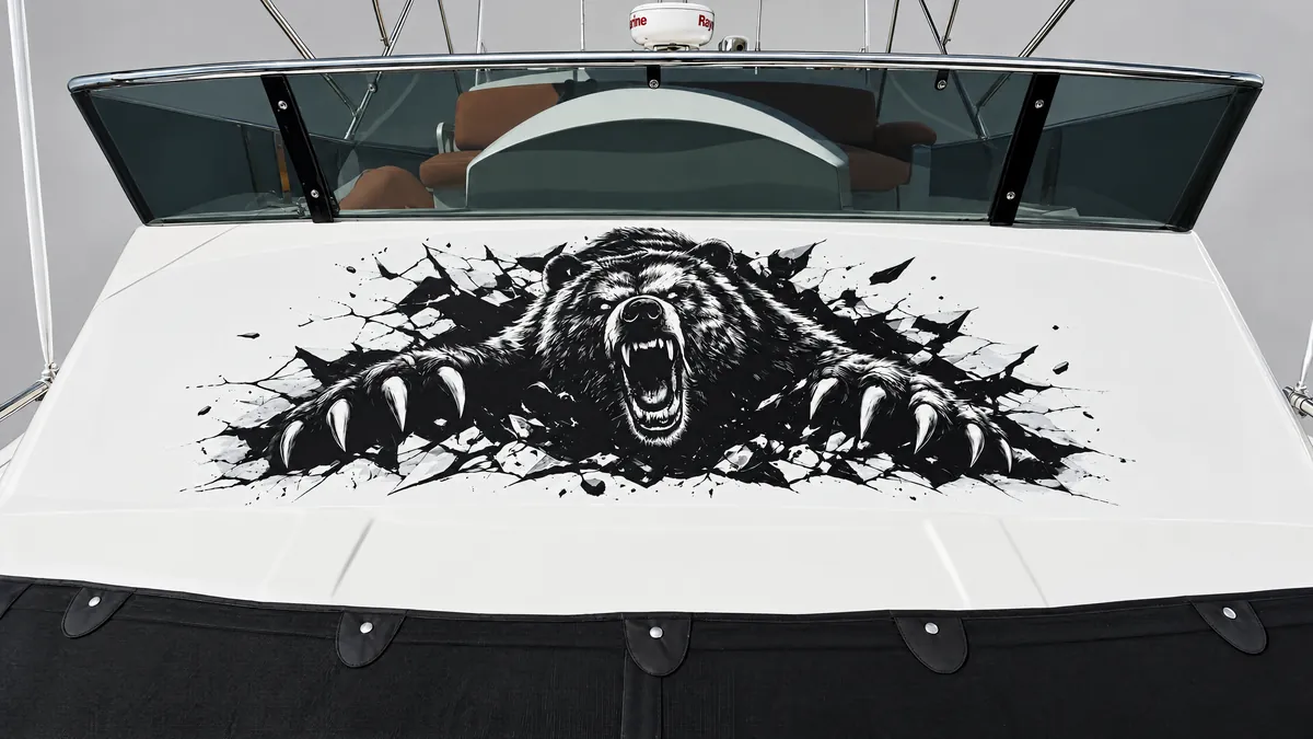 The bear graphic on the flybridge