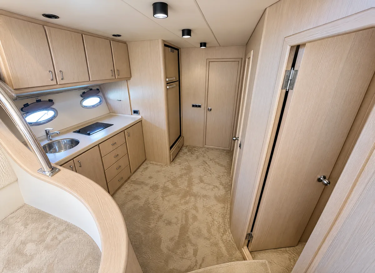The straight lower corridor from the stairs: galley and fridge on the left, the VIP cabin door ahead, ultra-wide